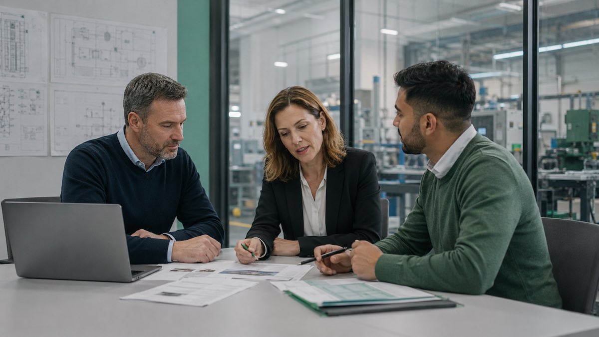 German employers discussing international technical recruiting in an industrial meeting room