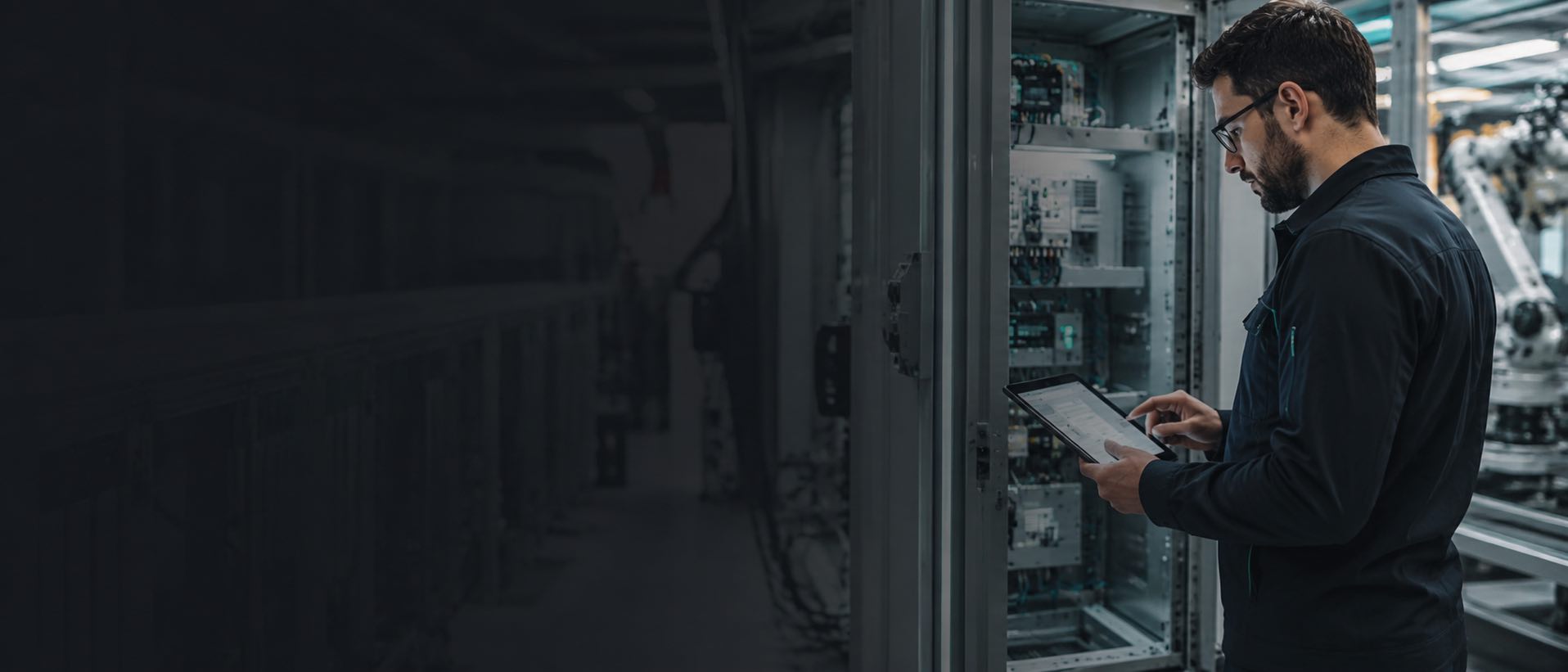 Technical professional monitoring automation systems in a modern industrial facility in Germany