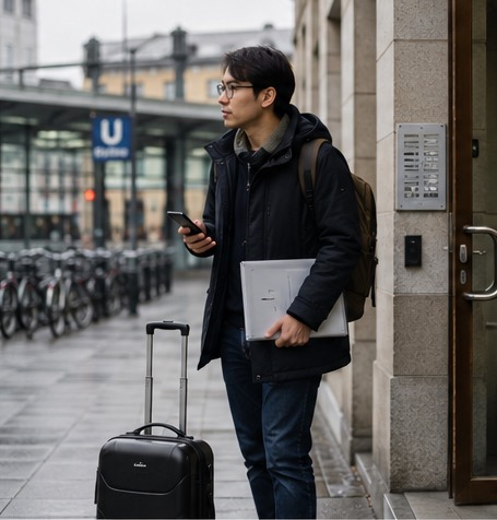 International skilled worker arriving in Germany with documents and luggage
