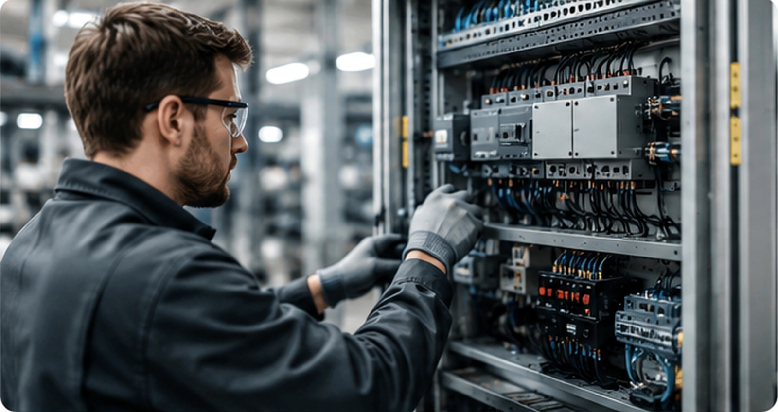 Technician inspecting an electrical control cabinet in a modern industrial facility